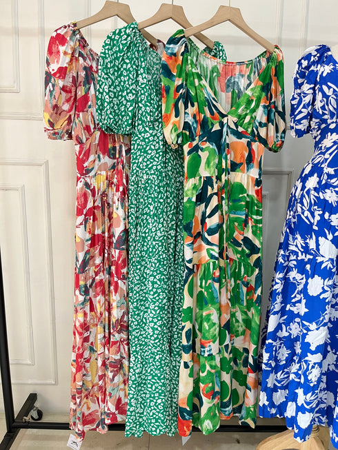 Summer V-Neck Puff Sleeves Back Tie Maxi Dress